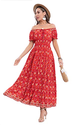 Image of OSTOO Women's Floral Maxi Dress Boho Summer Short Sleeve Smocked Waist Tiered Long Dress