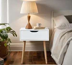 TAKE IT EASEE - White Bedside Table for Bedroom with Storage, Elegant Wooden Side Table with Drawer - Small Bed Side Table for Living Room, Storage Table with Drawers - Aesthetic Table for Home Decor