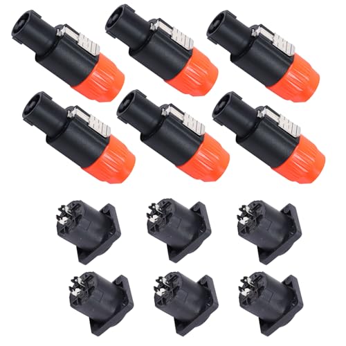 Image of HBU 6 Sets 4 Pole Speakon Connector Kit - 6pcs NL4FC Speakon Connectors & 6-pcs 4 Pin Panel Mount Chassis Socket - Twist Lock for NL4FX, NL4FRX, NL4MPR Adapter Plugs