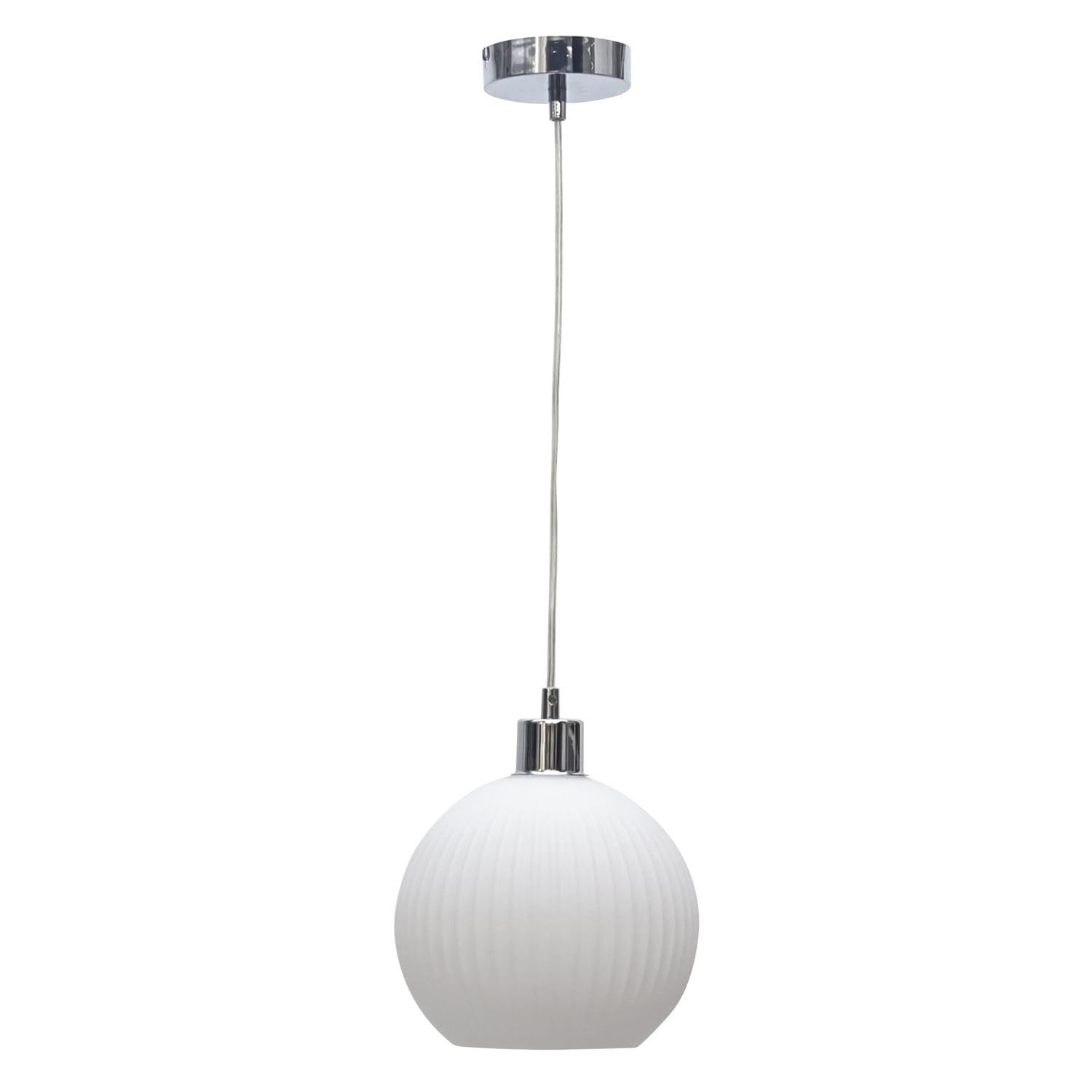 Firstchoicelighting Chrome & White White Ribbed Glass Globe Ceiling Light Pendant With Chrome And Clear Cable, Height Adjustable 23-130Cm, Kitchen Island Dining Lighting