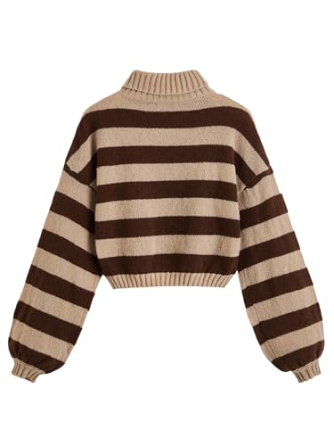 Image of WDIRARA Women's Striped Pattern Turtleneck Long Lantern Bishop Sleeve Stretchy Knitted Sweater