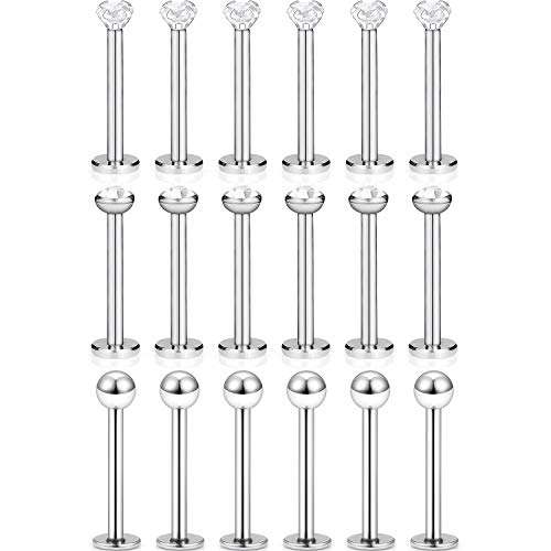 SCERRING 18PCS 16g Stainless Steel Clear Cubic Zirconia Labret Monroe Lip Tragus Cartilage Helix Earring Ring Body Piercing Jewelry 6mm 8mm 10mm