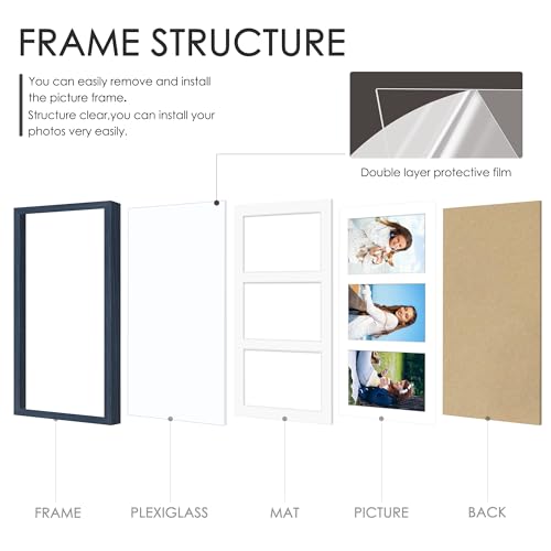 Image of DUENPY 8x14 Collage Picture Frame 4x6 Collage Picture Frame Displays Three 4x6 inch Photos or 8x14 (Without Mat) for Available Horizontal Wall Mounting Display and Vertical Navy Blue