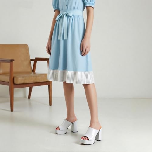 Image of Women Square Open Toe Platform Chunky Heel Slide Sandals | Slip On High Heel Dress Sandals, Elegant Formal Footwear For Wedding Club Evening Party Events