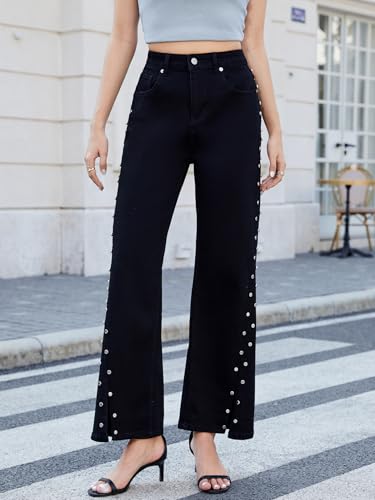 Ladyful Women's Straight Leg Jeans Stud High Waist Casual Stretch Denim Pants Embellished Split Jeans2