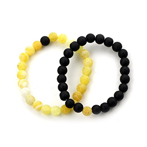 OUGWA Black Matte Agate Yellow Weathering Scrub Agate 8mm Beads Couples His and Hers Bracelet (Yellow and Black 2pcs/sets)