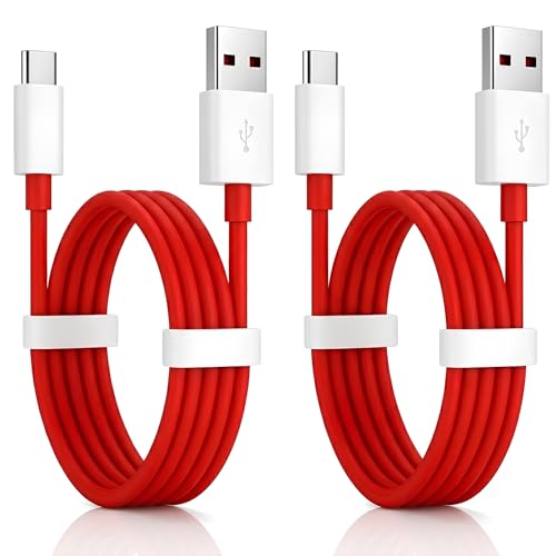 Image of One Plus compatible 100W Fast Charging Cable USB to Type C For One Plus 13 12 11 10 9 8 Series, Nord 4 /3 /2, CE 4 /3 /2 Lite | Red SuperVOOC Data Cable | Supports Warp, Flash Charge 1 Meter (Pack of 2)