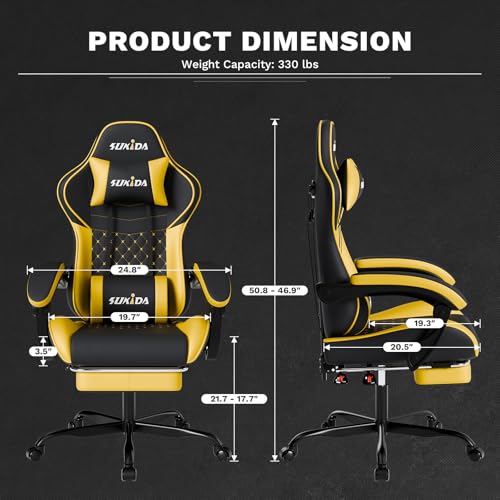 SUKIDA Yellow Gaming Chair Massage - Gamer Chair Adult Gamers Choice Size Cool Big People, PC Video Game Ergonomic Gamingchair with Footrest, Racing Office Computer Reclining Comfortable Recliner - Image 4