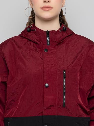 Image of CHKOKKO Womens Stylish Oversized Windcheater Jacket with Zip Closure Lightweight Sportswear for Running Travel Hiking Outdoor and Rainy Season Wear WineBlack S