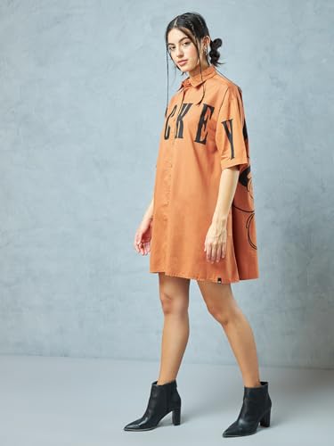 Image of Bewakoof Official Disney Merchandise Women's Graphic Printed Oversized Above Knee Fit Half Sleeve Round Neck Cotton T-Shirt Dress