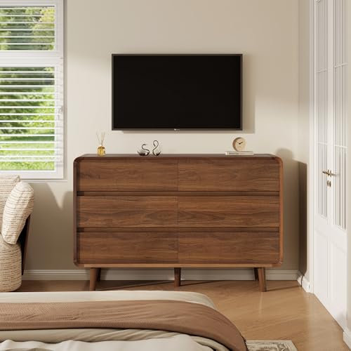 Image of Nasonet Mid Century Modern Dresser for Bedroom, 47'' Wide Dressers & Chests of Drawers with 6 Storage Drawers, Wood TV Stand Dresser for Closet, Walnut