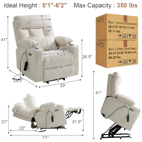 Image of BEDHOURS Tri-Motor Power Lift Recliner Chair for Elderly, Zero Gravity Infinite Position Lay Flat with Adjustable Headrest & Lumbar, Vibration Massage & Heat, Cup Holders, Ivory Rice