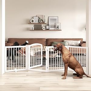 JSB 96-inch Extra Wide 30-inch Tall Dog gate with Door Walk Through, Freestanding Round Tube Pet Gate for Halls Stairs, Puppy Safety Dog Fence with 2PCS Support Feet (White)