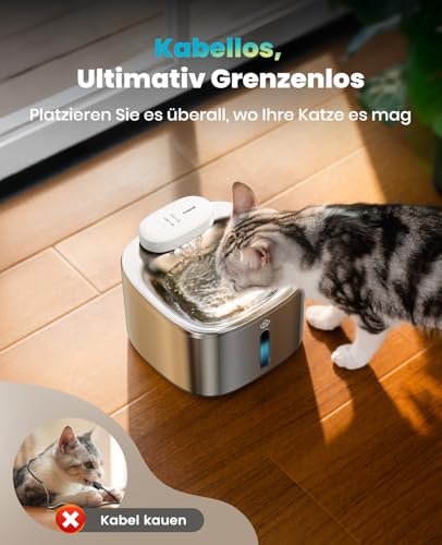oneisall Katzenbrunnen Kabellos, 3.5L Trinkbrunnen für Katze Edelstahl, 5000mAh Akku, Katzen Trinkbrunnen mit Bewegungsmelder, Leise Wasserpumpe, 3 Filter