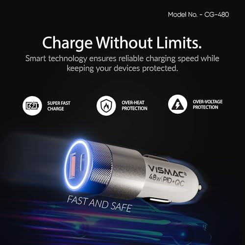 Image of Vismac 48W Fast Car Charger with Qualcomm Quick Charge and PD USB-A and Type-C Ports Glowing Ring LED Metal Textured Body Over Voltage Over Current and Over Temperature Protection