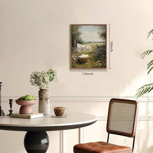 Image of KISSFOX Vintage Framed Wall Art For Laundry Room Decor Country Landscape Pictures Wall Decor Rustic Summer Wildflower Canvas Art Prints Modern Farmhouse Paintings Artwork