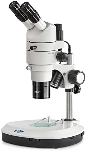 Stereo zoom microscope [Kern OZS 574] The high-zoom product for the professional user, Tube: Trinocular, Eyepiece: HWF 10x Ø 22 mm, Field of view: Ø 27,5 - 2,75 mm, Objektive: 0,8x - 8x, Stand: Column, Illumination: 3W LED (incident); 3W LED (transmitting)
