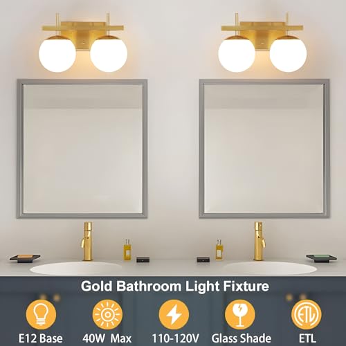 Image of Gold Vanity Light 2-Light Mid Century Modern Bathroom Vanity Light Fixture Globe with Milk White Glass Shade Wall Light Over Mirror (E12 Base)
