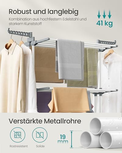 SONGMICS Wäscheständer, Standtrockner 4 Ebenen, Flügelwäscheständer, klappbare Flügel, mit Rollen, 63,5 x 125,5 x 173 cm, groß, einfacher Aufbau, wolkenweiß-Taubengrau LLR703WZ02