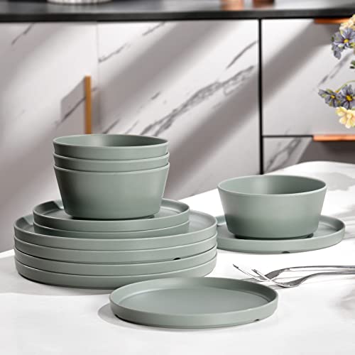 Melamine Dinnerware Sets, Dinnerware Sets For 4, 12Pcs Plates And Bowls Sets Unbreakable Dishwasher Safe Bpa Free (Sage Green) #TOP2