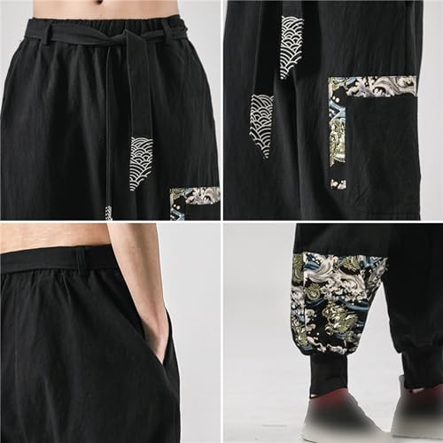 Men's Vintage Embroidered Harem Pants Cotton Linen Elastic Waist Drawstring Trousers Chinese Style Casual Pants4
