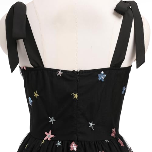 Image of IDOPIP Women 1950s Vintage Strawberry /Cherry /Sequin Star Print Cocktail Mesh Dress Self Tie Straps Retro Wedding Guest Dress