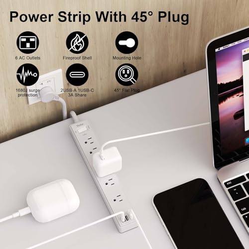 Image of 6Ft Power Strip Surge Protector - Yintar Extension Cord with 6 AC Outlets and 3 USB Ports for Home, Office, Dorm Essentials, 1680 Joules, ETL Listed, Grey