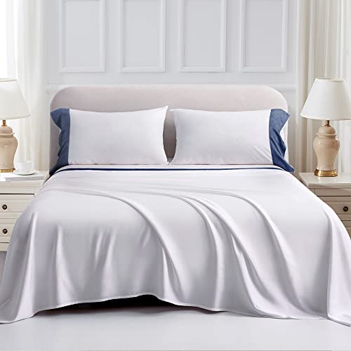Mildly Cooling Sheets Set - 100% Pure Rayon Made From Bamboo, Up To 16" Deep Pockets Bed Sheets, 4 Piece Breathable Luxury Silky Soft Hotel Bedding Sheet & Pillowcase Sets (King, White & Navy Blue) #TOP1