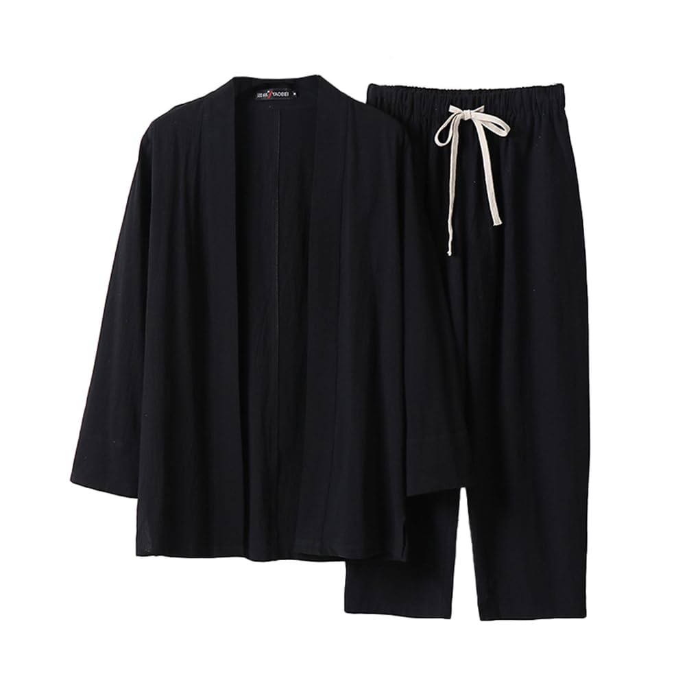 TIANQIHAO Summer Two-Piece Suit Cotton Bathrobe Pajamas Kimono Bathrobes Sleepwear Plus Size Pjs Set With Pockets,Black-Medium