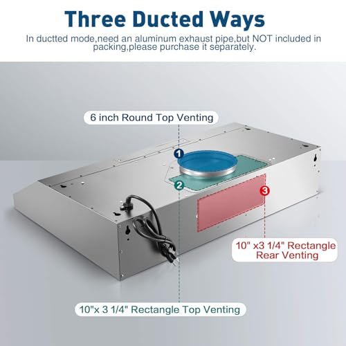 SNDOAS Under Cabinet Range Hood,30 inch Ductless Range Hood Alterable to Ducted,Stainless Steel Kitchen Exhaust Hood with 700CFM, 3-Speed Fan,Stove Vent and Oven Hood with Button Control