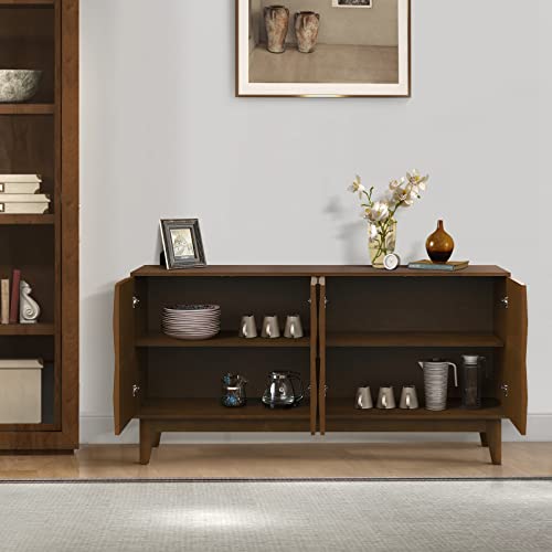 Hulala Home Modern Sideboard Buffet Cabinet With Solid Wood Legs, 60" Kitchen Storage Cabinet Credenza With 4 Doors And 2 Interior Shelves, Accent Console Table For Dining Room And Living Room, Walnut #TOP2