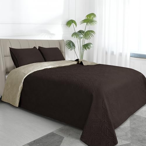 Easy-Going Full/Queen Size Reversible Quilt Set with 1 Quilt and 2 Pillow Shams, Soft Bed Quilt Cover, Water Resistant Lightweight Bedspread, Stain Resistant, Olive Leaf-Chocolate/Beige Full