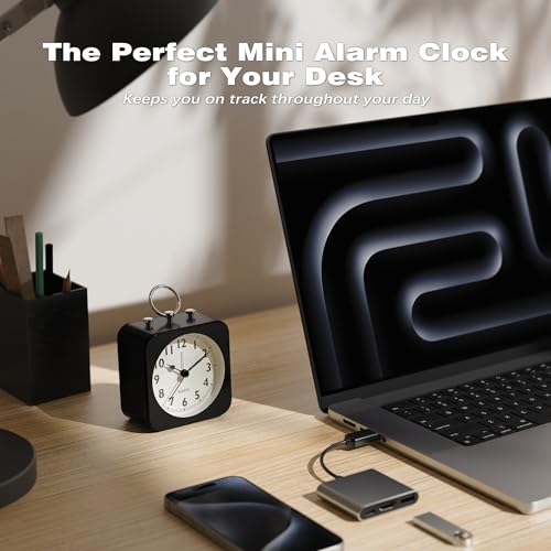 Image of AYRELY Small Metal Alarm Clock, Desk and Table Clock for Travel | Battery Operated Retro Silent Clock with Light for Bedroom, Bedside, Shelf and Living Room Decor (Black)
