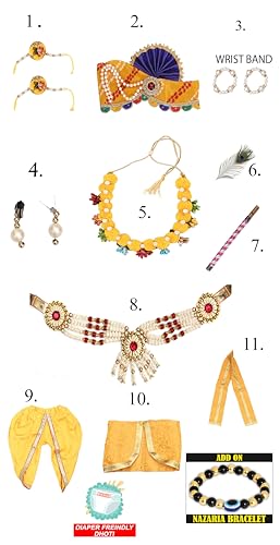 Image of Krishna Dress for Kids, Baby Krishna Dress for Janmashtami with Krishna Mukut, Peacock Feather & Flute Embroidered Krishna Costume for Girl & Boy, 3 Months-8 Years