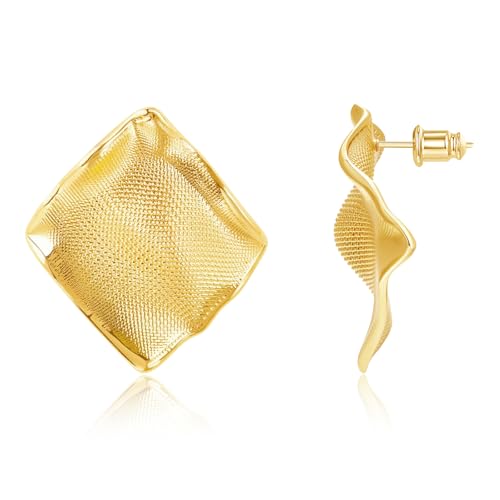 Chunky Gold Statement Earrings for Women, 18K Gold Plated Hypoallergenic Stud Earrings, Irregular Geometric Wave Earrings, Textured Sculptural Fashion Jewelry Gifts