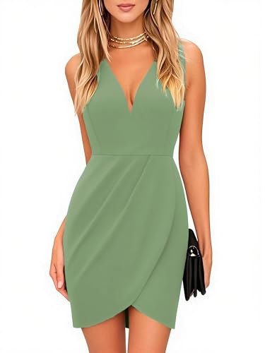 Image of oxiuly Women's Wrap V Neck Bodycon Ruched Cocktail Party Dress Chic Church Wedding Club Pencil Dresses OX345