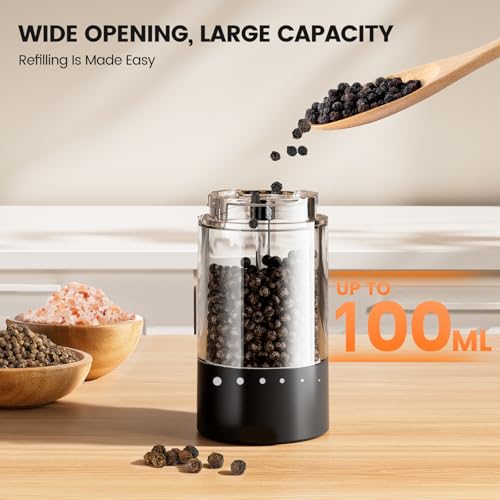 Electric Salt And Pepper Grinder Set, Rechargeable Automatic Salt & Pepper Mill With External Coarseness Adjustment, Led Light, Dust-Proof Base, Upgraded Larger Capacity For Home And Kitchen(2 Pack) - 4