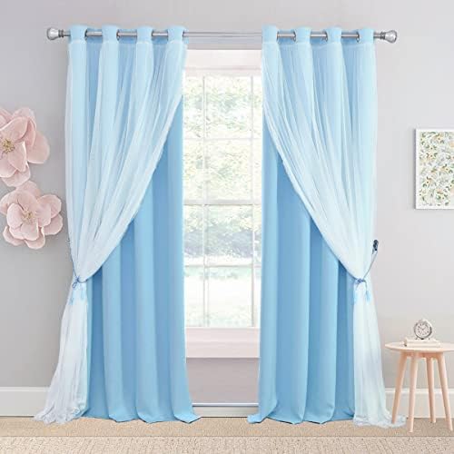 SOFJAGETQ Light Blue Blackout Curtains 84 inch Length 2 Panels Set - Double Layers Blackout and Sheer with Lace Hem Window Curtains & Drapes for Kids/Girls Bedroom Living Room Nursery, 2 PCs