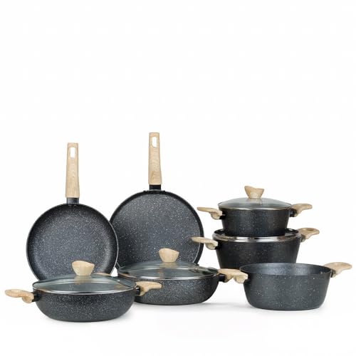 Image of Kreme Venetia Premium Series Granite Non-Stick 11 Pc Cookware Set | Kadai, Frypan, Dosa Tawa and Sauce Pot with Lid | Granite Coating | Induction & Gas Stove Use | Healthy Low-Oil Cooking, Grey