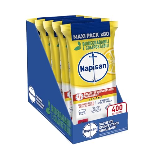 Napisan Salviette Disinfettanti Sgrassanti al Limone, Confezione da 5 Pacchi x 80 Salviette Disinfettanti Biodegradabili e Compostabili Multisuperfici