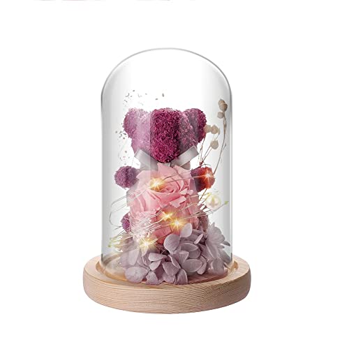 IVEOPPE Rose Eternelle sous Cloche - Ours en Rose avec Lumière LED, Cadeau Femme, Maison Décoration, Cadeau pour Noël, Mariage, Anniversaire, Fête des Mères, Cadeau pour Maman