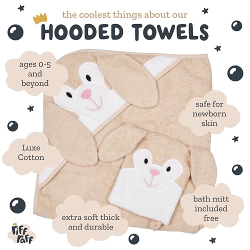 Image of Riff Raff Friendly Bunny Hooded Towel - Premium Cotton Baby Towel with Mitt Set - Ultra Soft Machine Washable Cartoon Hooded Baby Towels - Baby Towels with Hood for Newborn Baby, Infants, Toddlers