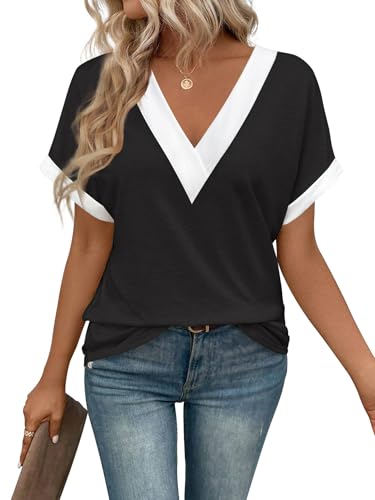 EyMuse Womens T Shirts Short Sleeve Basic Tees V Neck Fashion Going Out Tops Loose Fit Tunic True Classic Tees Casual Summer Beach Vacation Clothes 2026 Black, XL