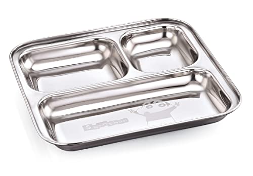 Image of Expresso - Heavy Duty Stainless Steel Square Small Dinner Plate with 3 Sections Divided Mess Trays for Kids Lunch, Camping, Events & Every Day Use Kitchenware (Shinchan)