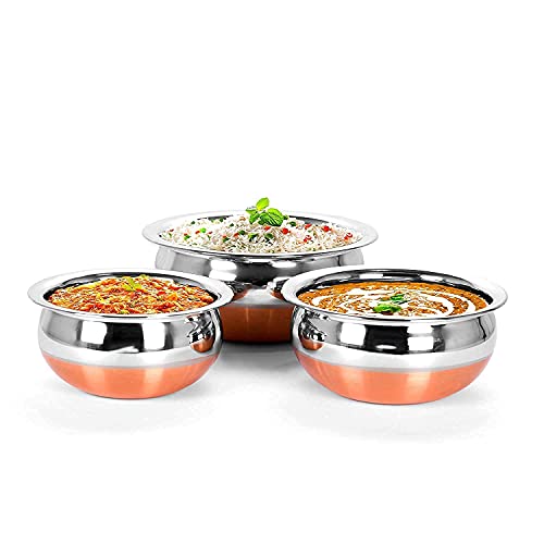 Image of Handi Copper Bottom Stainless Steel 800 Ml, 1.5 Liter, 2 Liter Copper Base Patila /Dekchi /Bhagona /Handi for Boiling Milk, Cooking Biryani Rice Combo of 3 (Color - Silver)