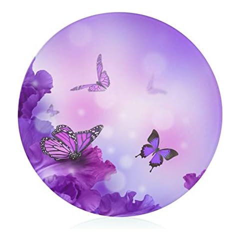 Bagea-Ka Butterfly on Purple Flowers Pattern Tempered Glass Cutting Board 8" Round Kitchen Decorative Chopping Board Small Cover