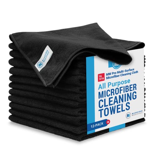 Mw Pro Multi-Surface Microfiber Towel – 12 Pack | Premium Cleaning Cloth | Clean, Dust, Polish, Absorb | Large 16"X16" (Black) #TOP8