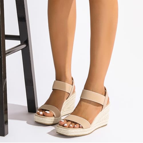 Women's Open-Toe Platform Wedge Sandals Slip-On with Elastic Ankle Strap, Dressy Comfortable Espadrilles Summer Casual Shoes2