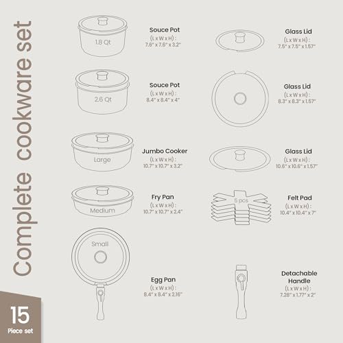 Image of Pots & Pans Set Non Stick Ceramic-Granite - 15-Piece Cookware with Detachable Handles, Stackable Space-Saving, Dishwasher Safe, Oven & All-Stove Safe, Tempered Glass Lids, Black Granite