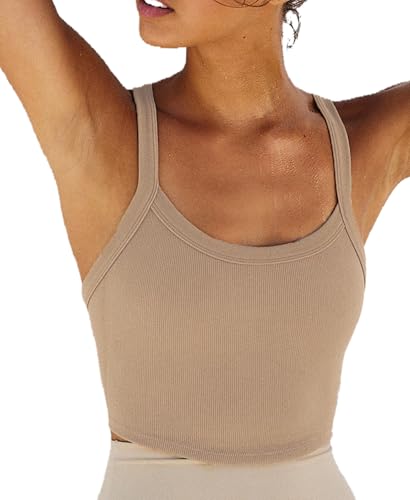 Image of Tank Tops for Women Scoop Neck Crop Tops Athletic Workout Tops Cute Seamless Cami Ribbed Tank Top